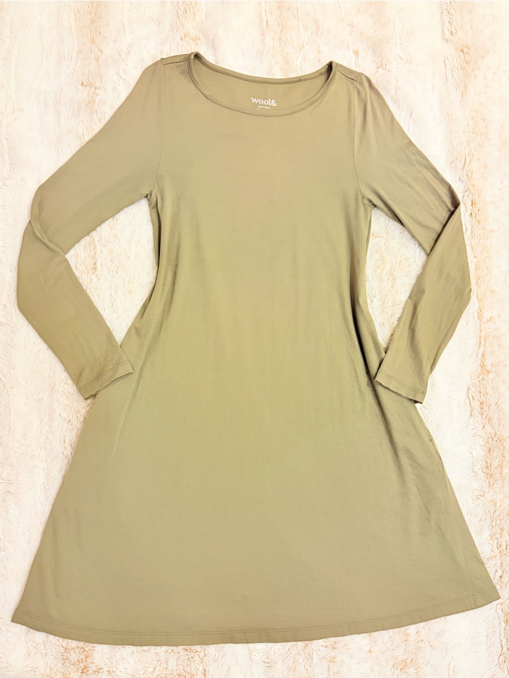 Wool& Wooland Rowena Merino Wool Swing Dress XS Olive Green Pockets